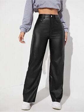 SHEIN Black Faux Leather Wide-Leg Jeans